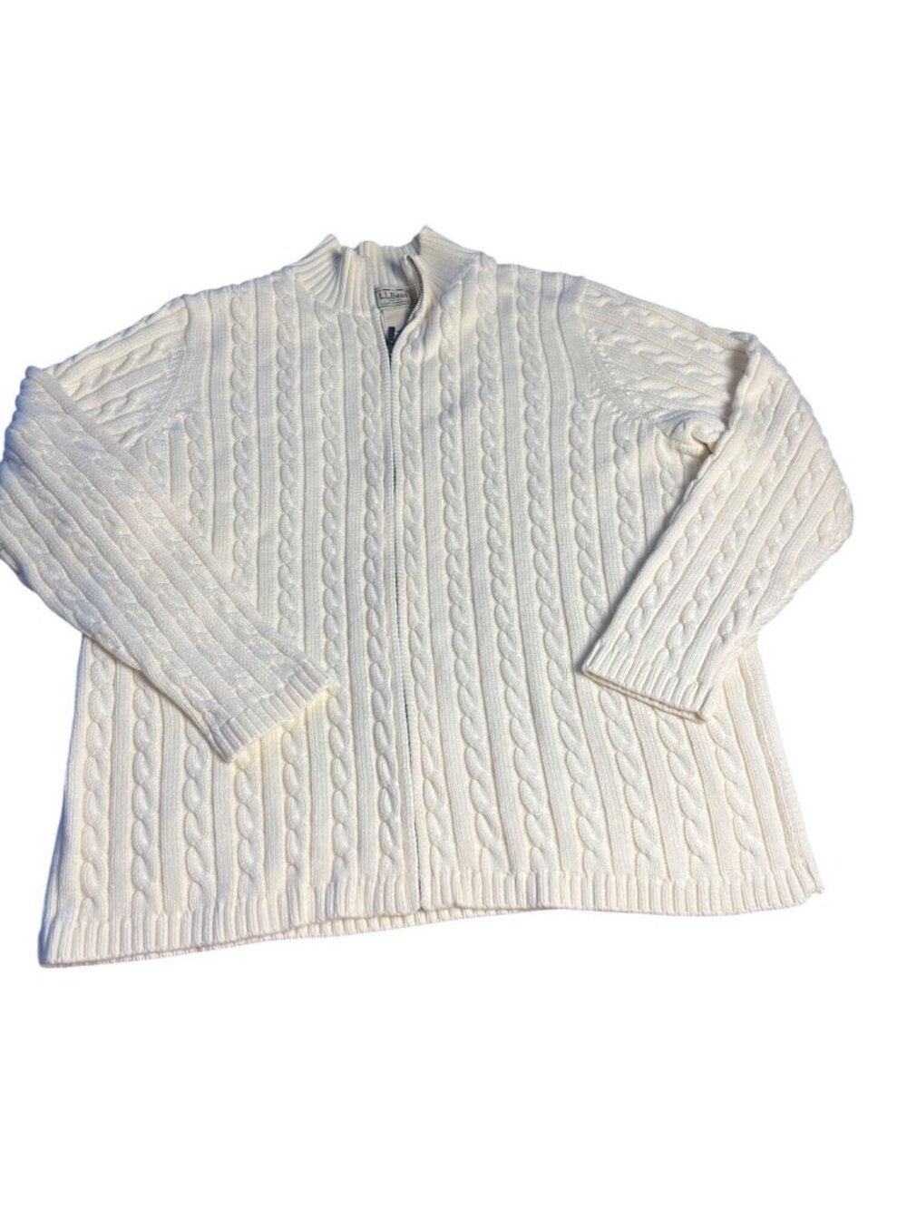 LL Bean Womens Ivory Cable Knit Full-Zip Cardigan Sweater 1X thick  Fisherman